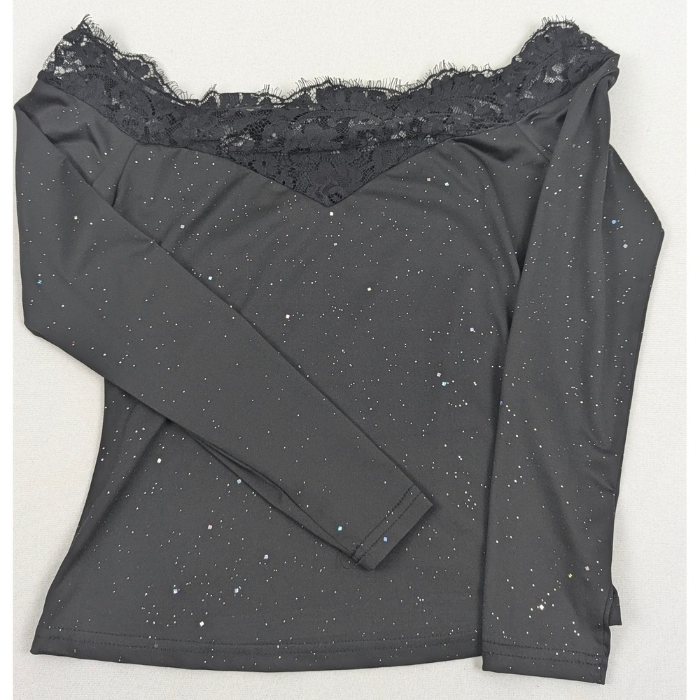 ChicMe Womens Black Glitter Sparkle Off Shoulder Lace Trim Long Top S Whimsygoth